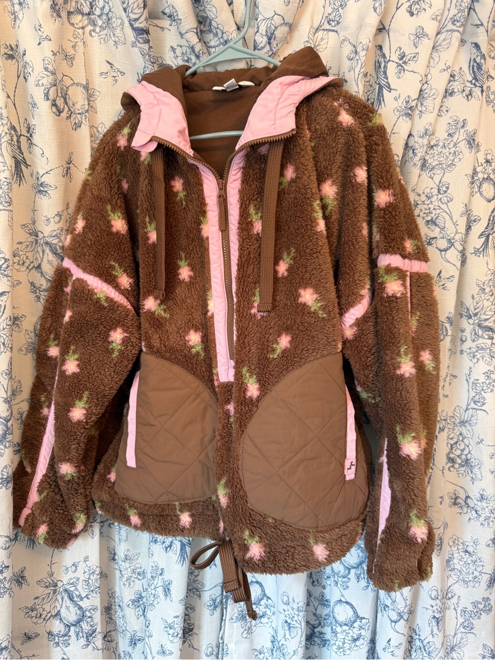 JoyLab Brown Teddy Jacket with Pink Floral Accents